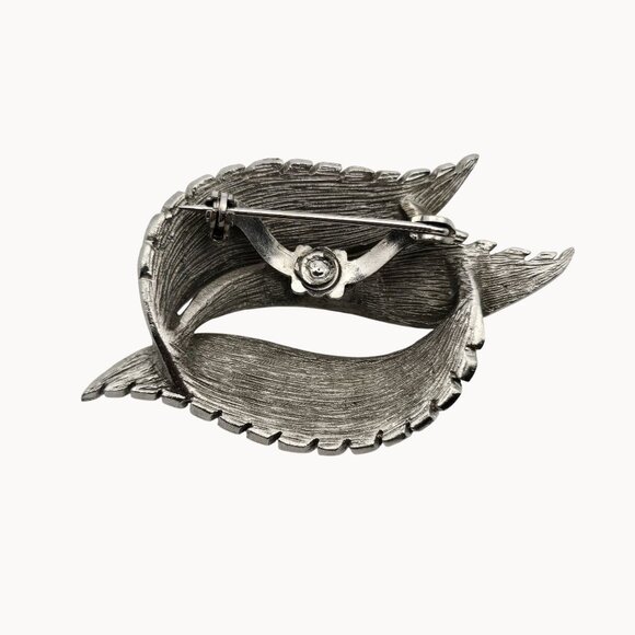 Vintage Silver Tone Leaf Feather Etched Fashion Jewelry Brooch Pin - Picture 3 of 5